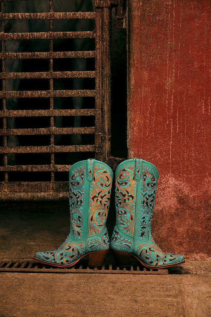 Kasiopeah Hand-tooled Boots in Turquoise: Turquoise / 7