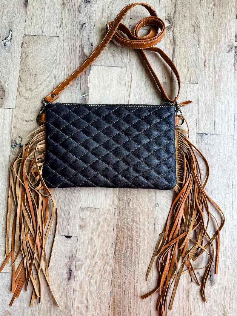 LAINEY CROSSBODY steer longhorn -quilted leather purse bag: BLACK