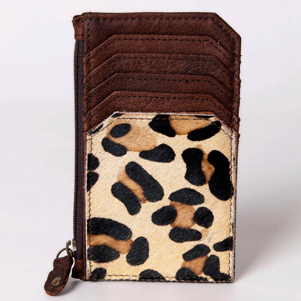 ADCCM101 Leopard Print Cowhide & Brown Leather Zipper Card Holder - Western Slim Wallet: ADCCM101N
