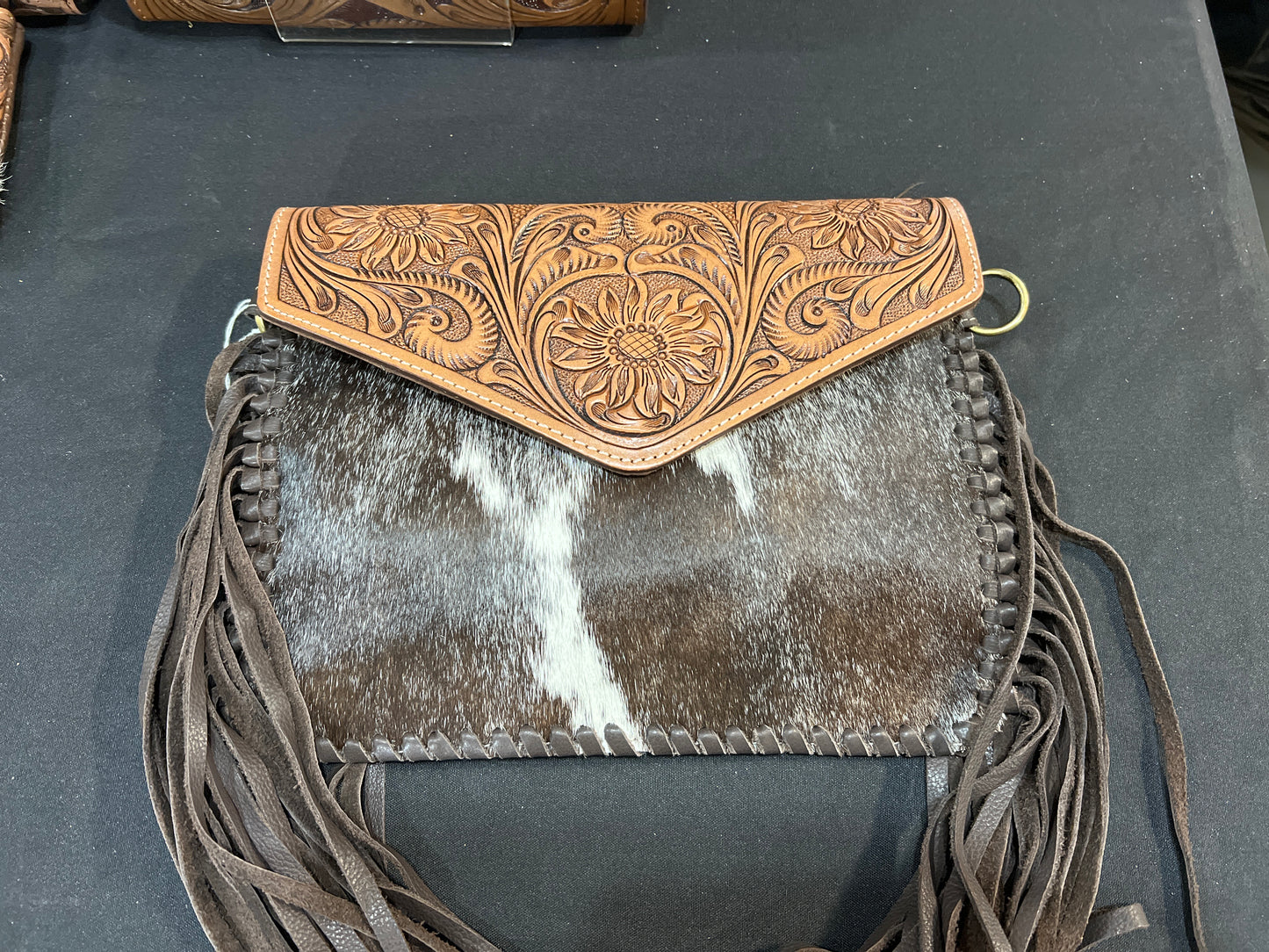 Cowhide Crossbody with Fringe - Brown Tooled Leather