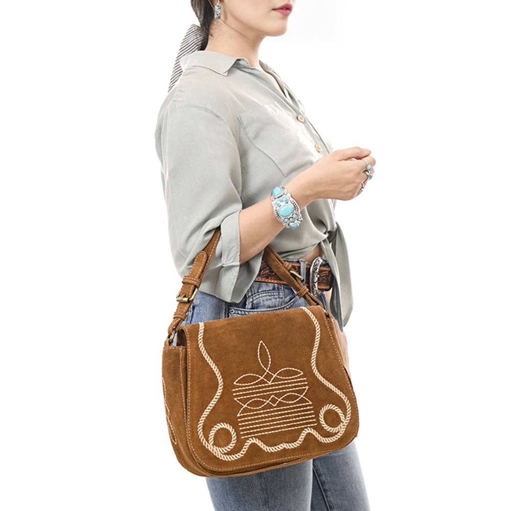 Tan Crossbody Genuine Western Suede Leather women bag: ADBGA670C