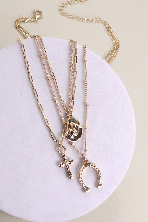 TRIO LAYER HORSESHOE HAT CROSS CAHRM NECKLACE | 80N436: Gold