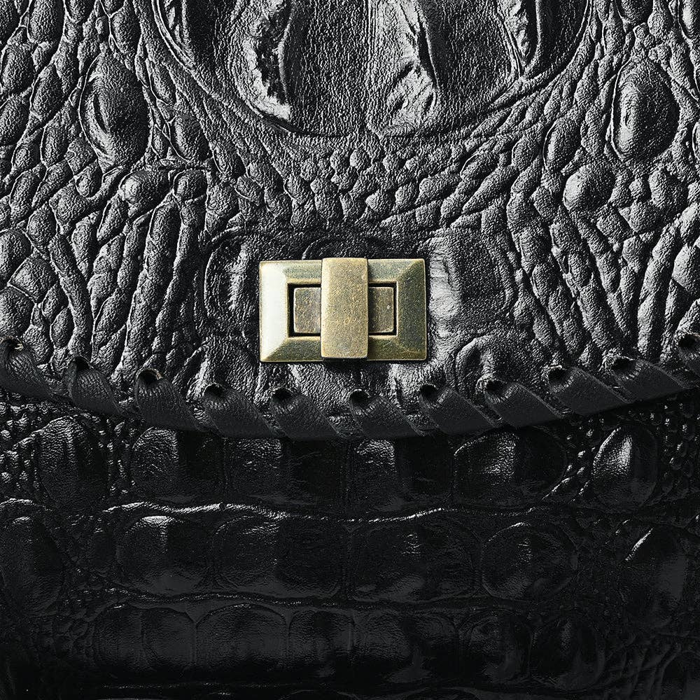 ADBG1526 Black Croc-Embossed Leather Crossbody Bag - Western Structured Flap Purse: ADBG1526