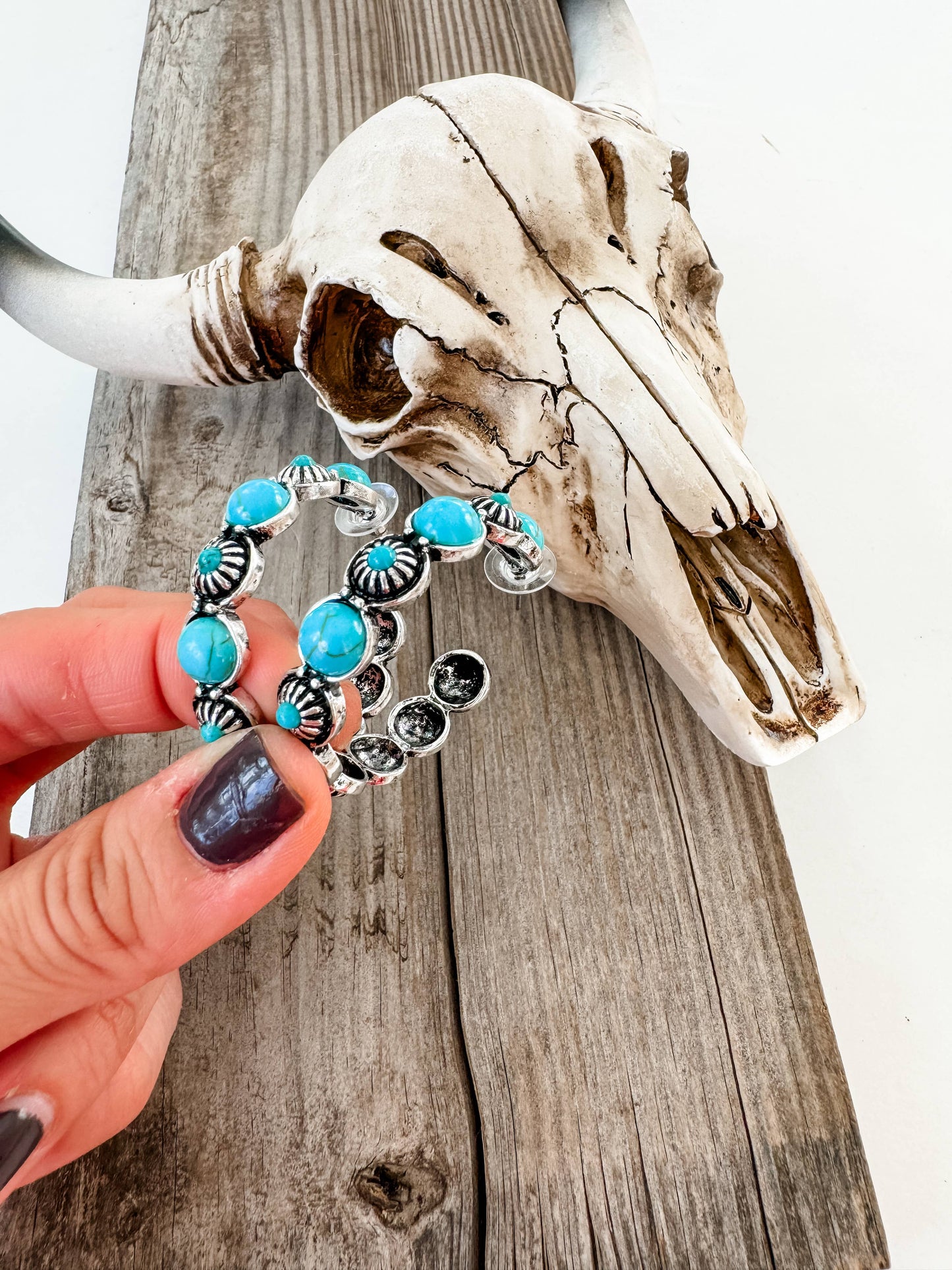 Large Western Hoop Stone Conch Earrings: Turquoise