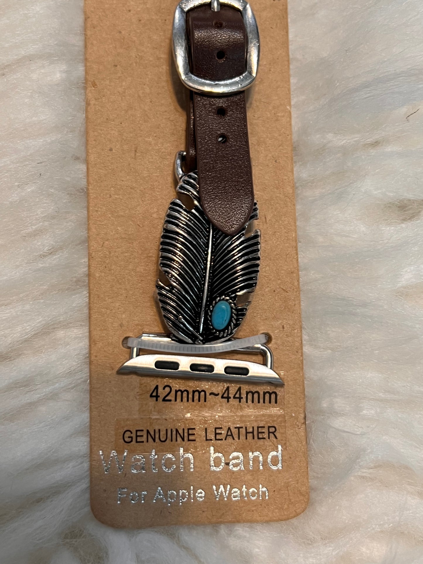 Silver Feather with Small Turquoise Stone Apple Watch Band - Brown strap