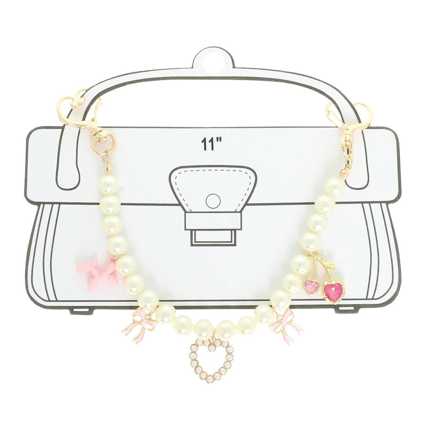 Whimsical Pink Enamel Pearl Bag Charm Chain with Heart Clasp