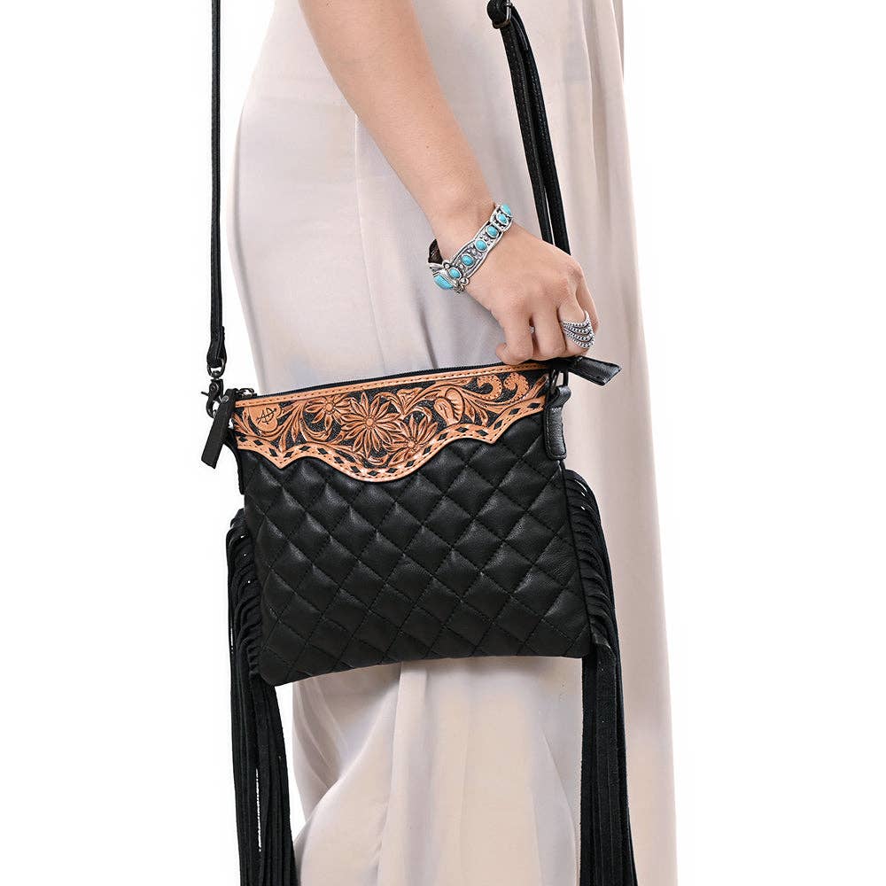 ADBG1683 American Darling Quilted Leather Crossbody Black | Tooled Flap Fringe Purse: ADBG1683