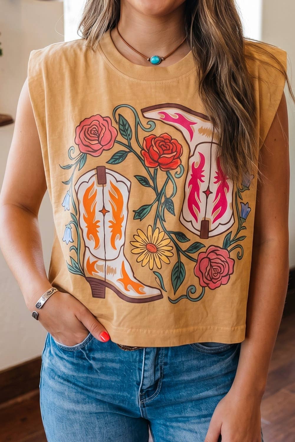 LDC Western Floral Print Sleeveless Round Neck Fit Top: Camel