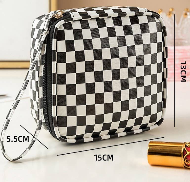 TRAVEL CHECKER MAKEUP COSMETIC POUCH BAG | 40P537: Black