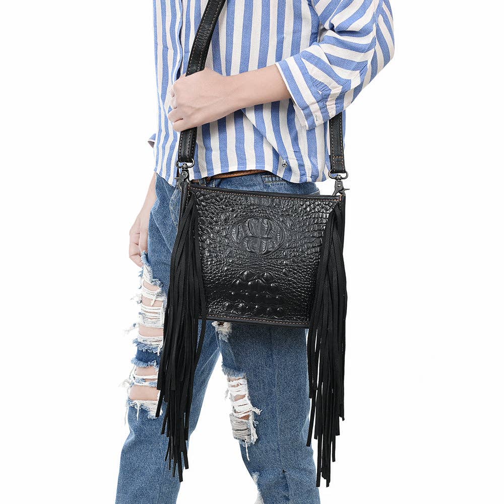 ADBG1579 Black Crocodile Embossed Leather Fringe Crossbody Bag: ADBG1579