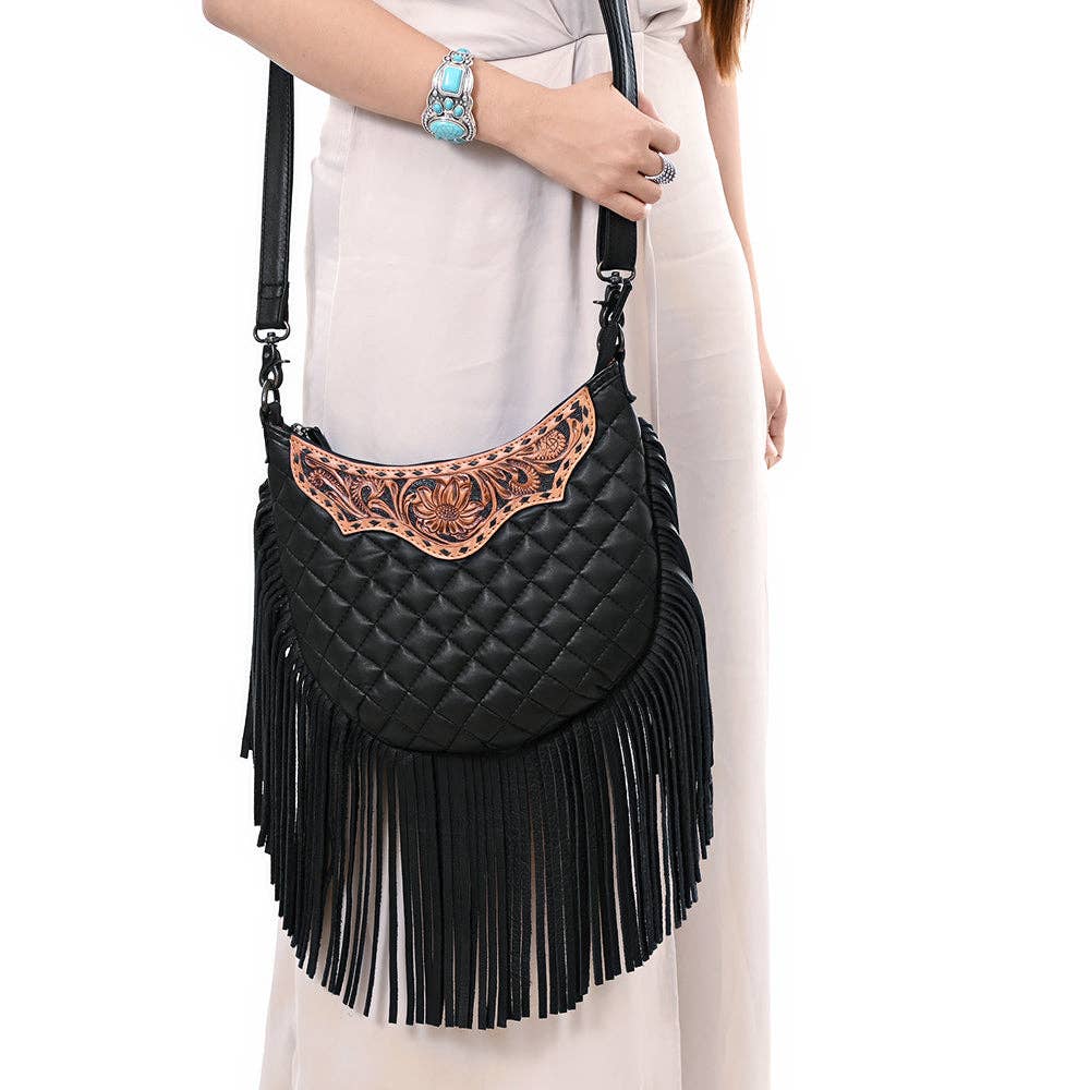 ADBG1686 American Darling Large Quilted Crossbody Hobo | Hand-Tooled Yoke Fringe Bag: ADBG1686