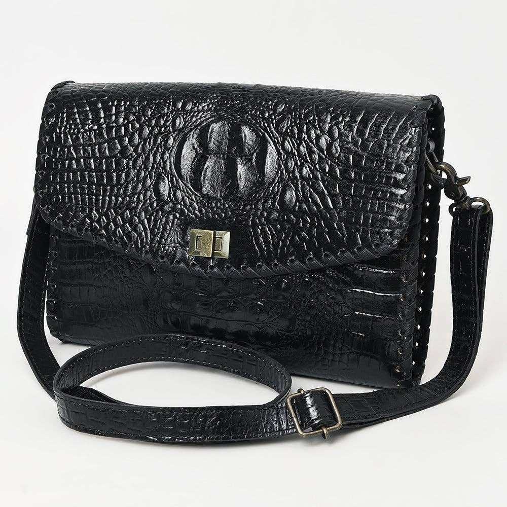 ADBG1526 Black Croc-Embossed Leather Crossbody Bag - Western Structured Flap Purse: ADBG1526