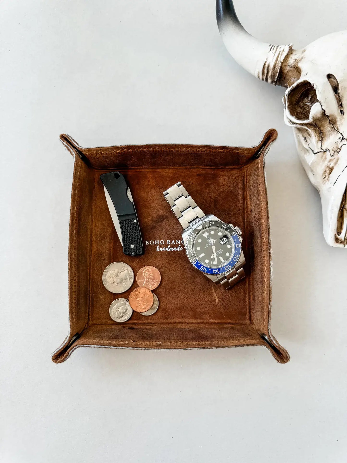 COWHIDE LEATHER TRAY - jewelry storage keys : TAN