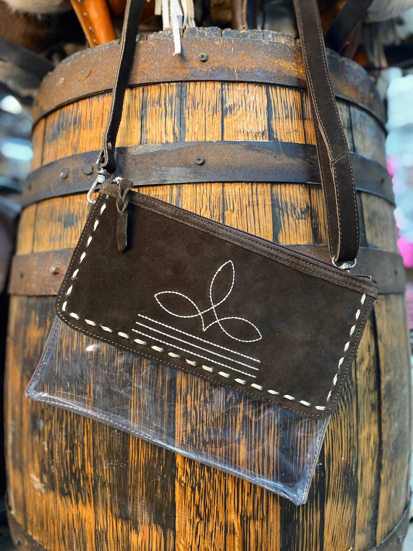 Clear Brown Suede Leather BootStitch Crossbody