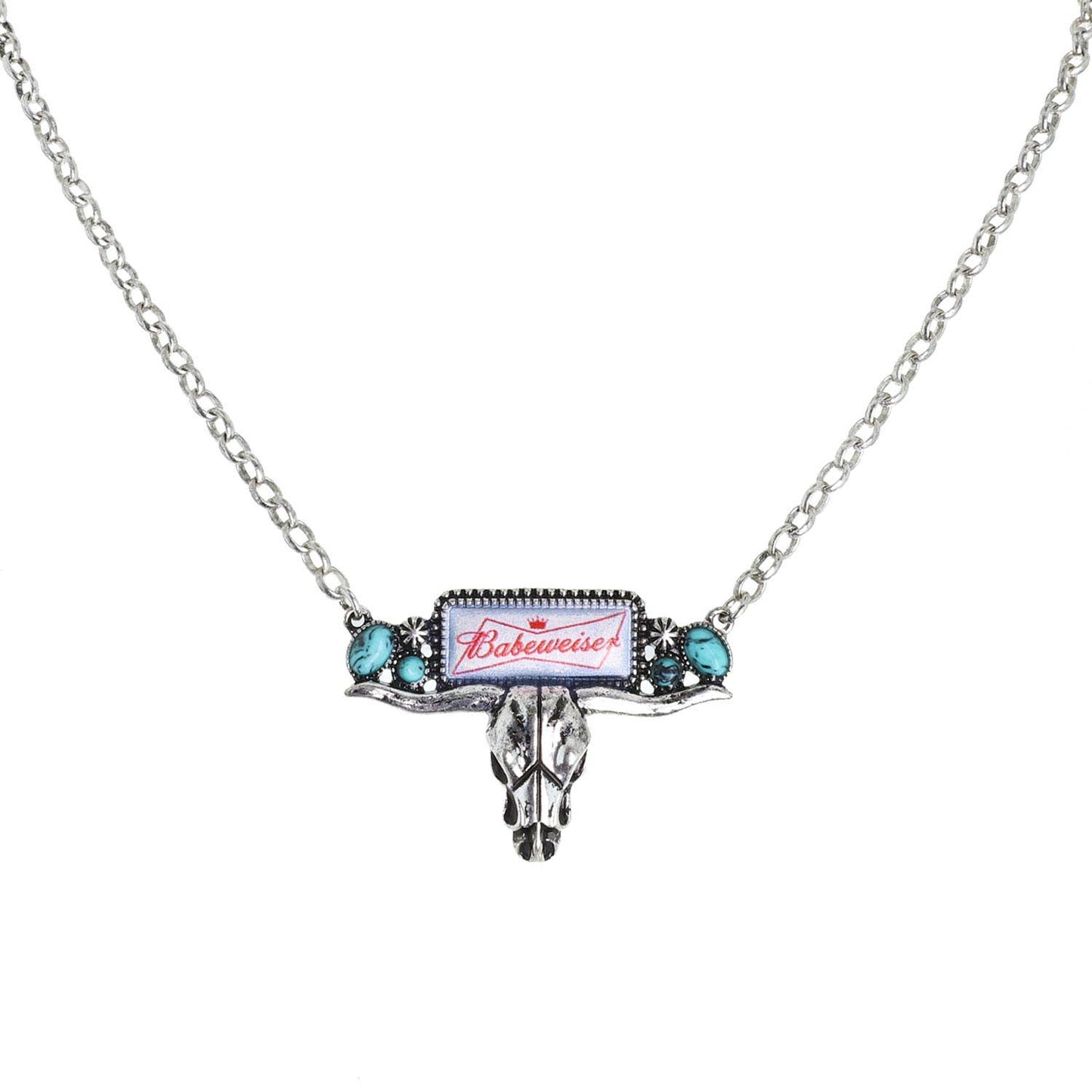 Enamel "Babeweiser" Longhorn Skull Charm Necklace