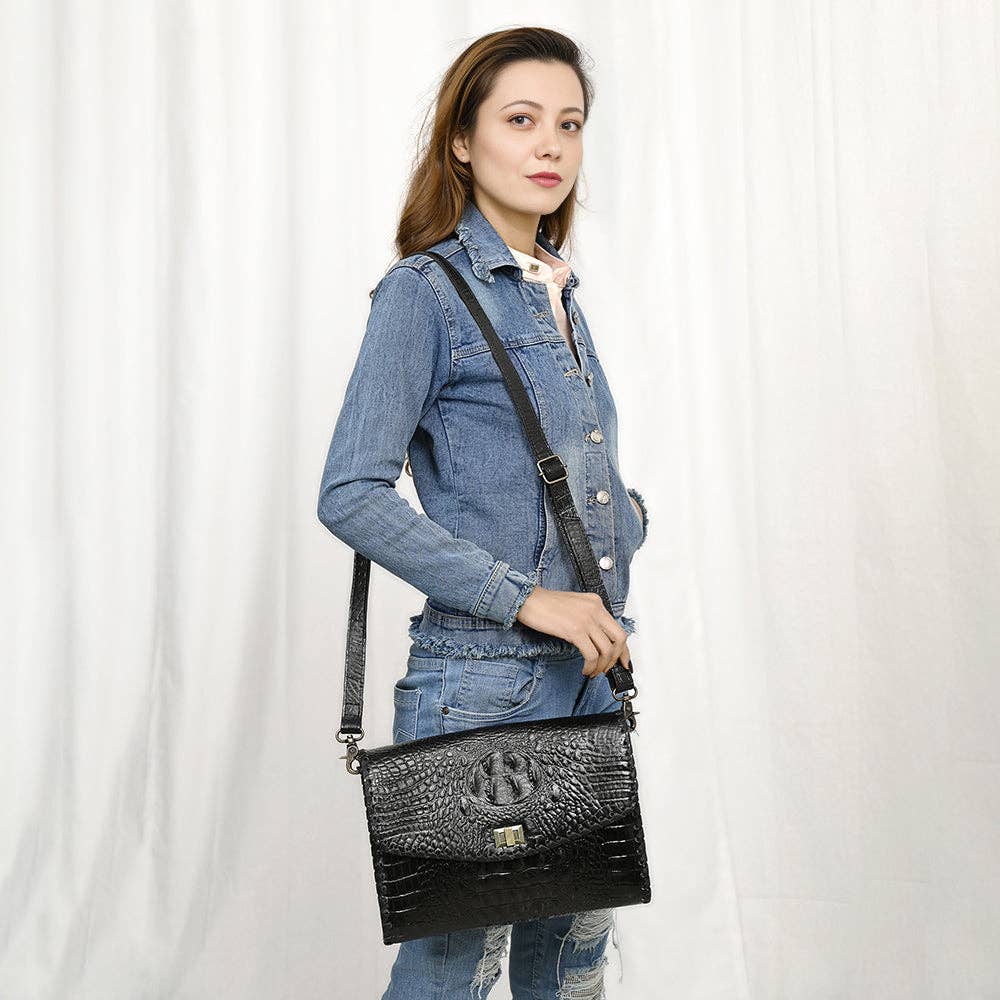ADBG1526 Black Croc-Embossed Leather Crossbody Bag - Western Structured Flap Purse: ADBG1526