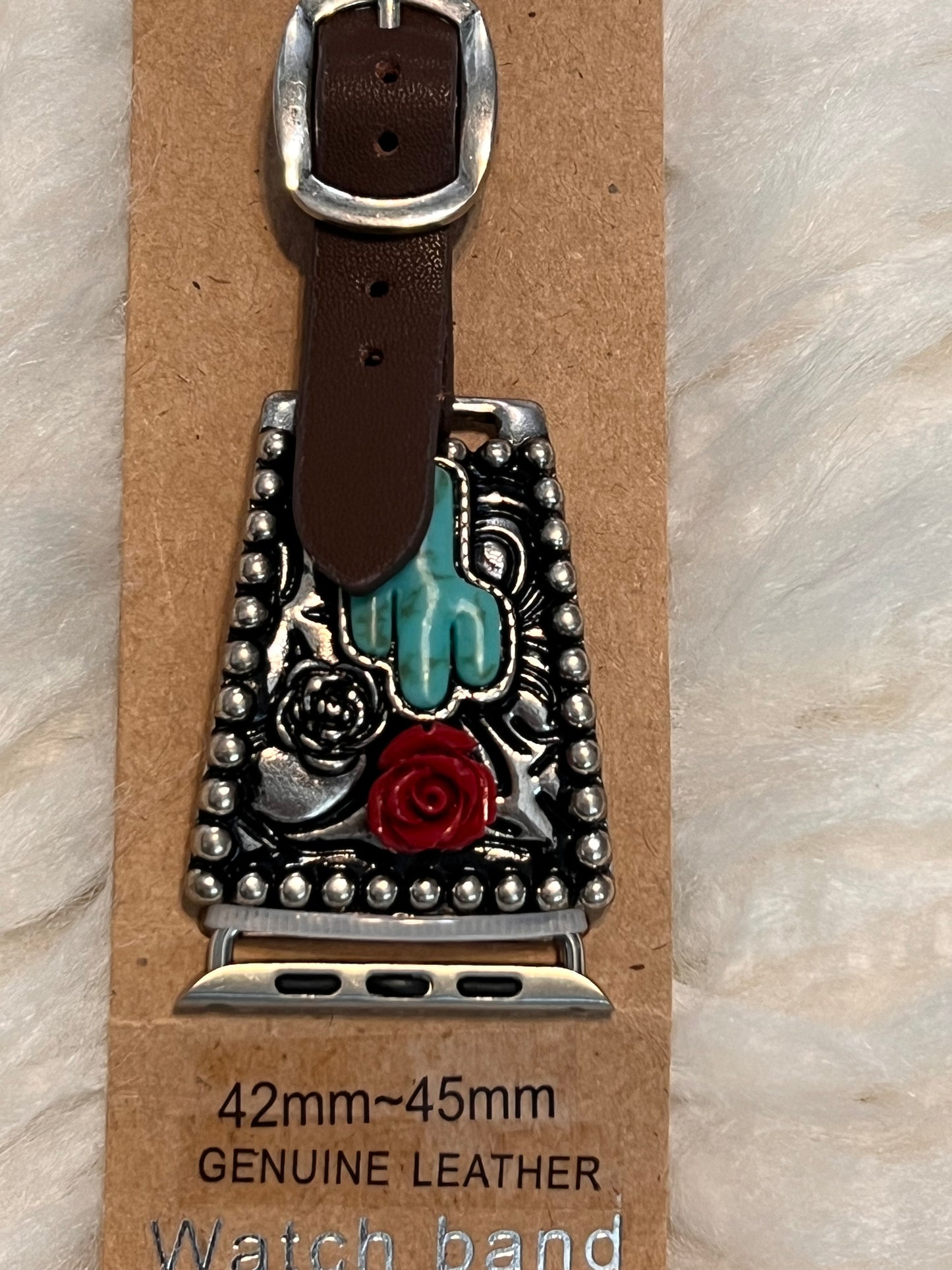 Turquoise Cactus with Red Rose Apple Watch Band - Brown strap