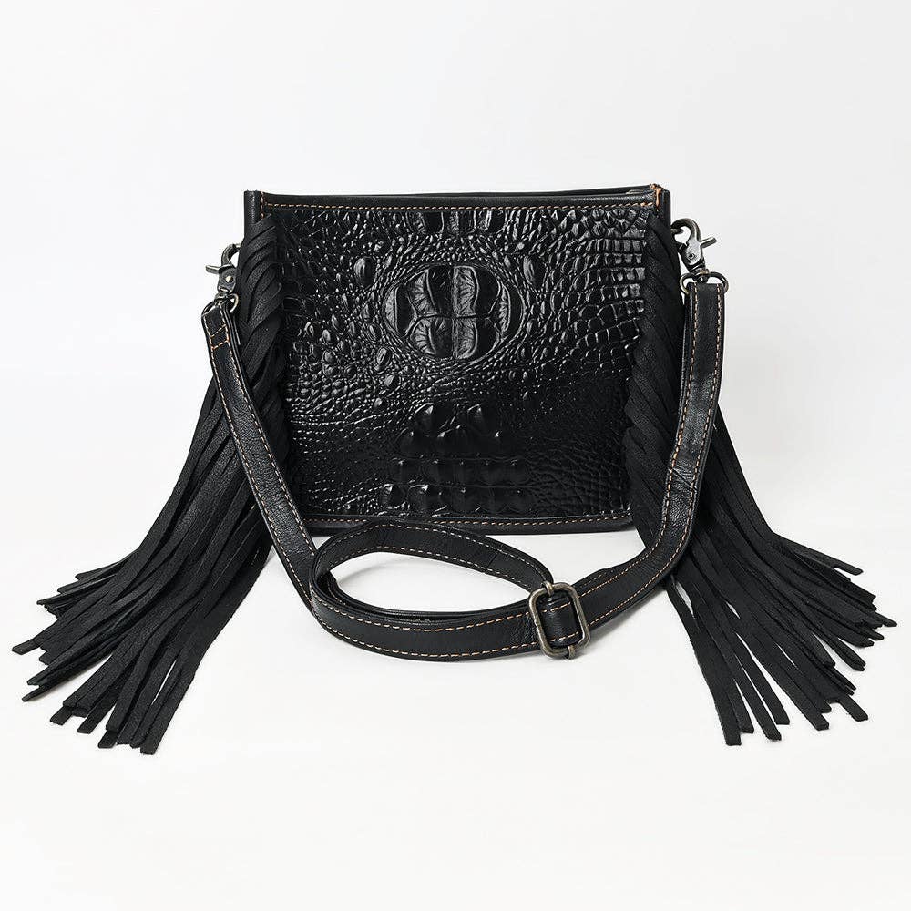 ADBG1579 Black Crocodile Embossed Leather Fringe Crossbody Bag: ADBG1579