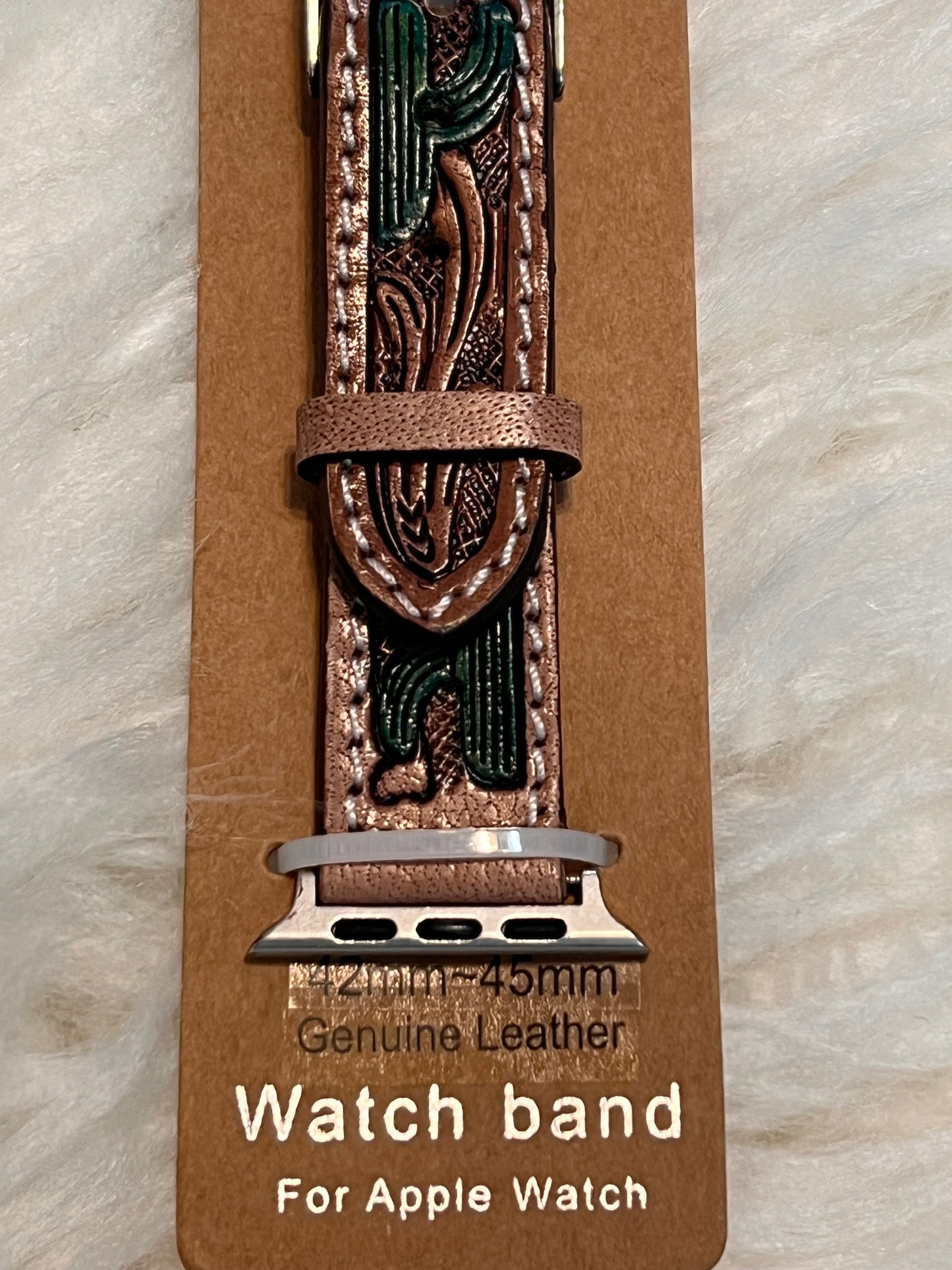Brown Tooled Leather Watch Band with Green Cactus