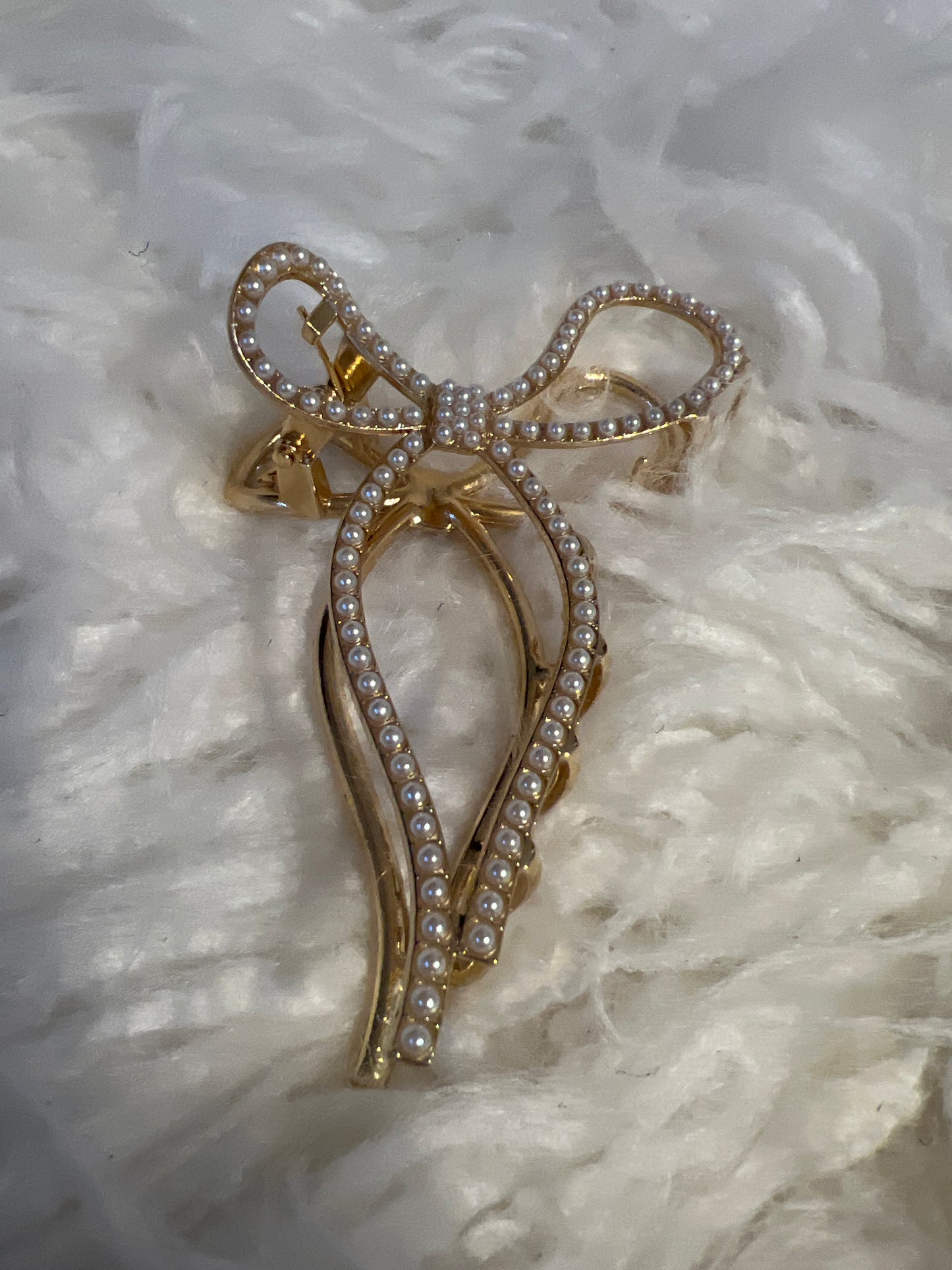Gold Bow Hair Claw with White Pearls
