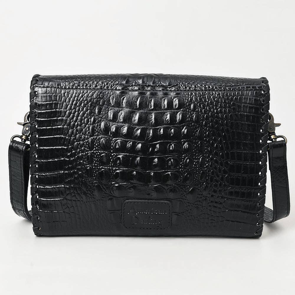 ADBG1526 Black Croc-Embossed Leather Crossbody Bag - Western Structured Flap Purse: ADBG1526