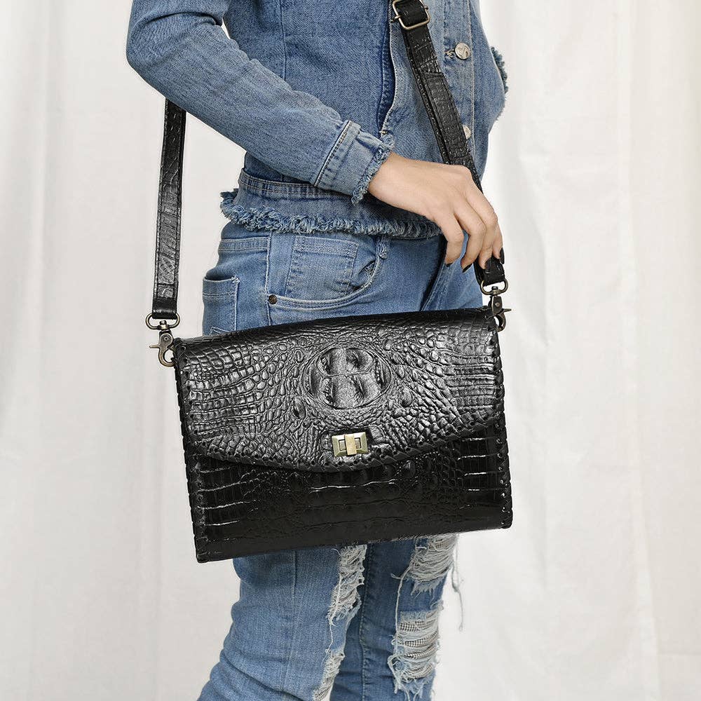 ADBG1526 Black Croc-Embossed Leather Crossbody Bag - Western Structured Flap Purse: ADBG1526