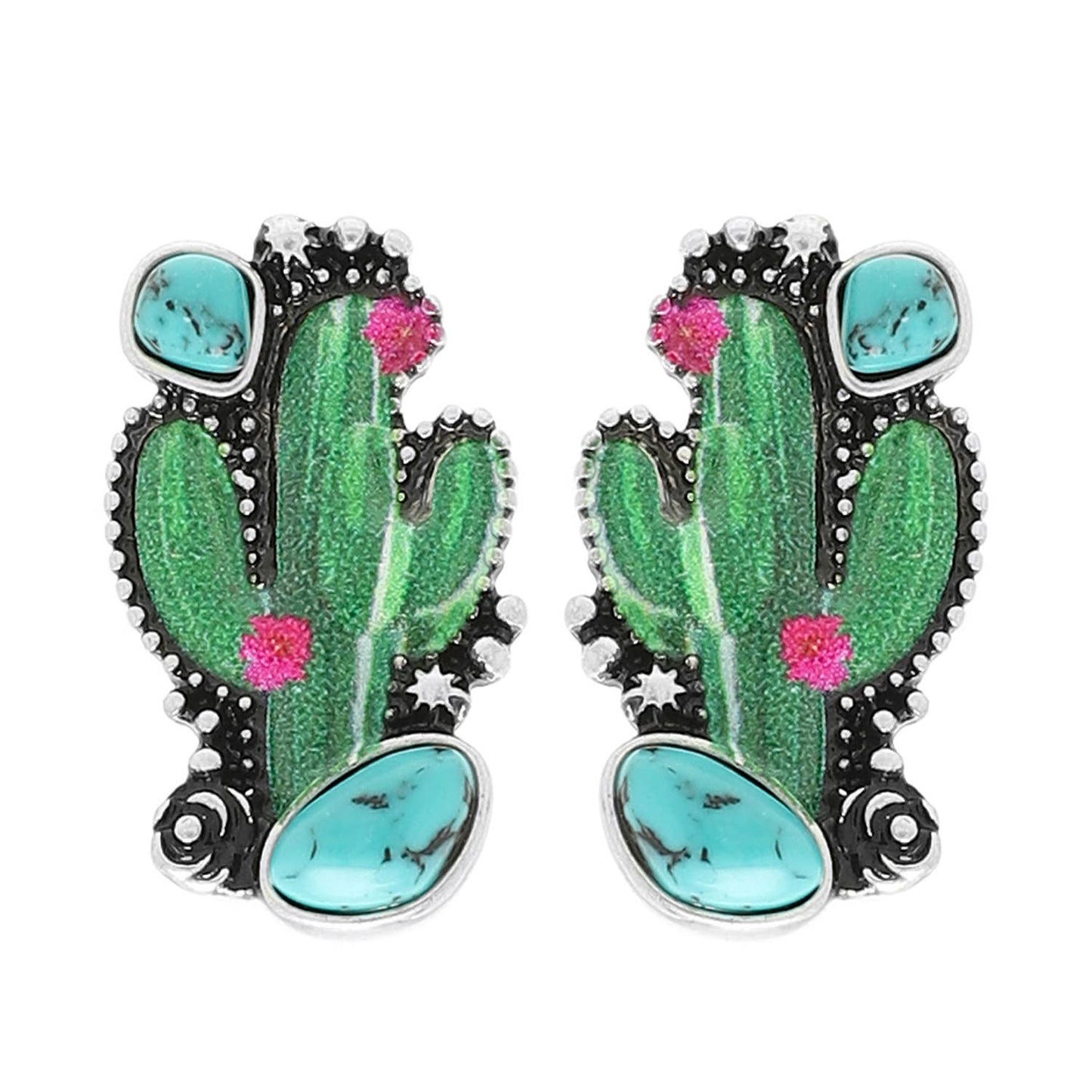 Western Turquoise Cactus Post Earrings