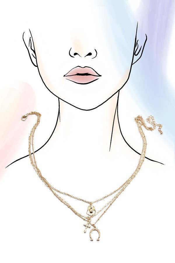 TRIO LAYER HORSESHOE HAT CROSS CAHRM NECKLACE | 80N436: Gold