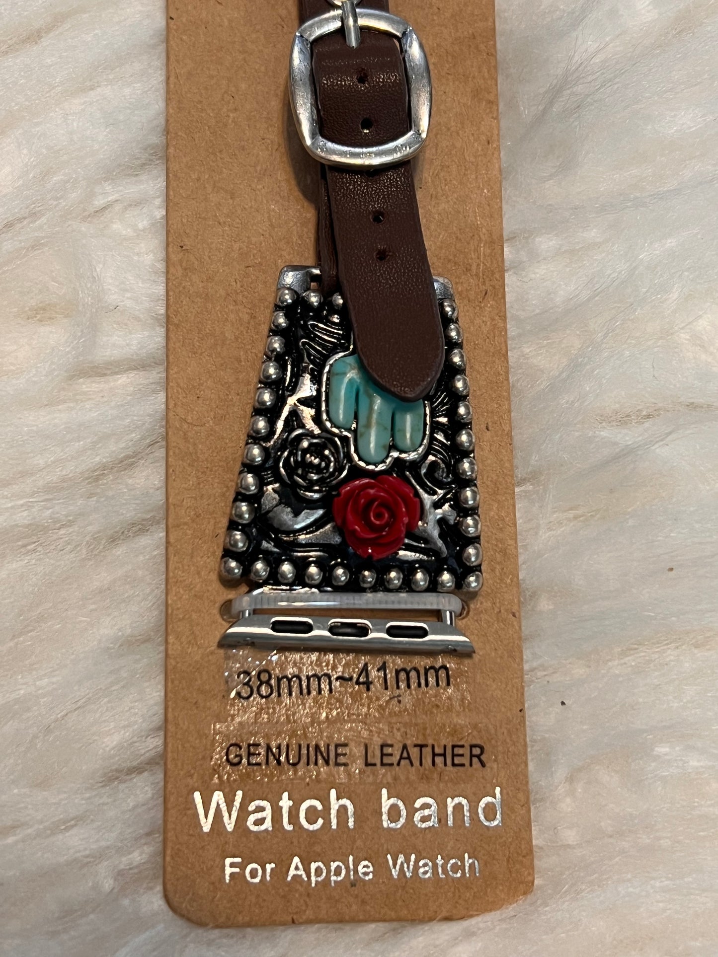 Turquoise Cactus with Red Rose Apple Watch Band - Brown strap