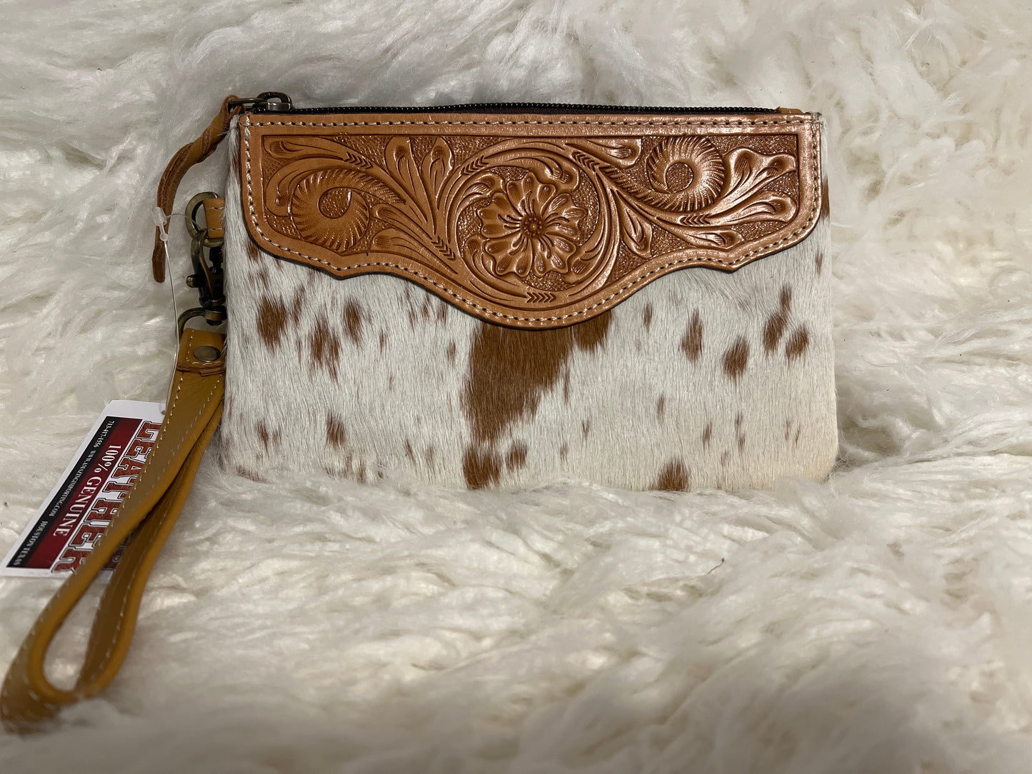 Tooled Leather with Cowhide Wristlet-Light Brown