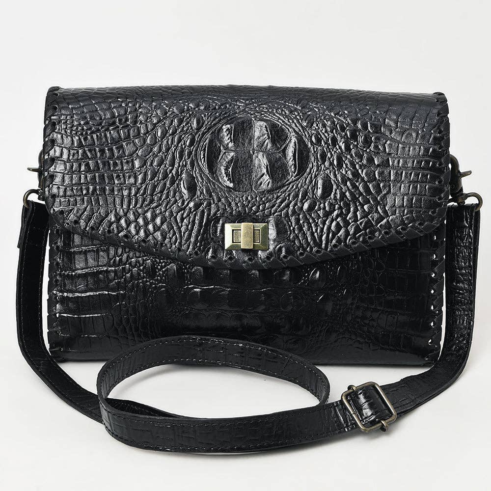 ADBG1526 Black Croc-Embossed Leather Crossbody Bag - Western Structured Flap Purse: ADBG1526