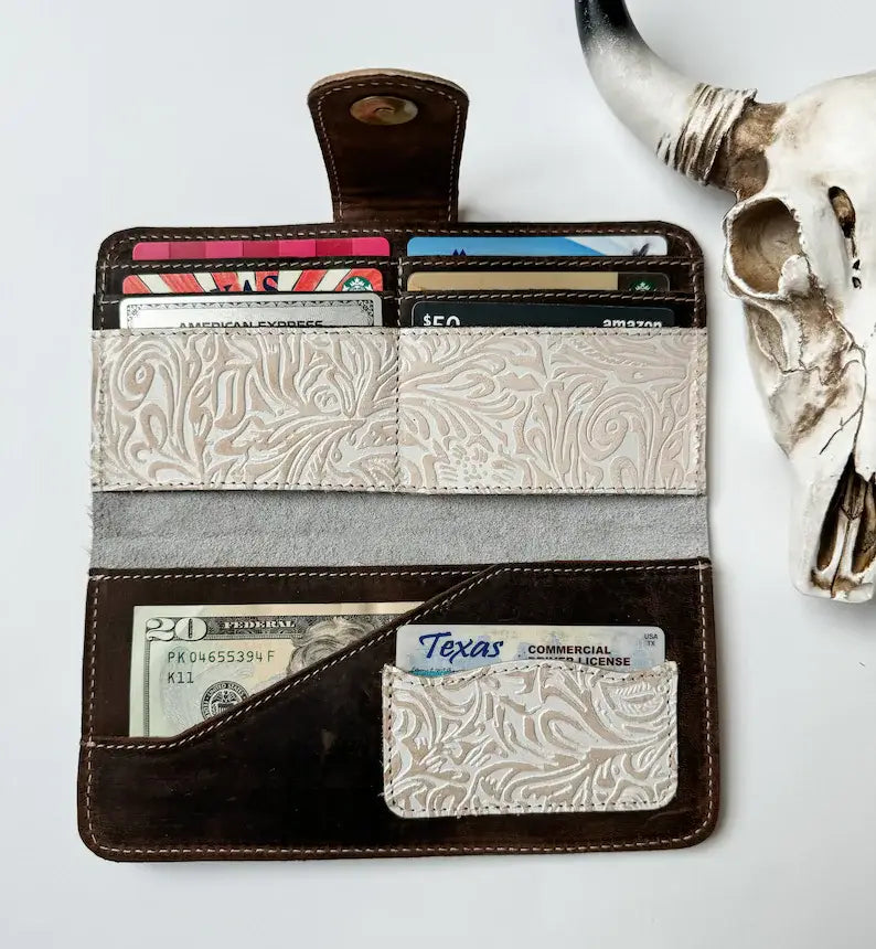 Western Floral Leather Tooled Wallet: Cream Leather