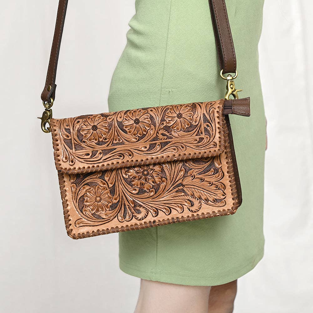 The Western Whirl-Genuine Leather Tooled Handbag: OHA119