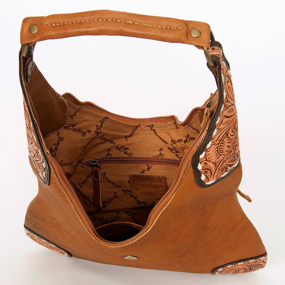 LC-ADBGA237A American Darling Hand-Tooled Leather Hobo Bag Full Grain with Tassel Detail