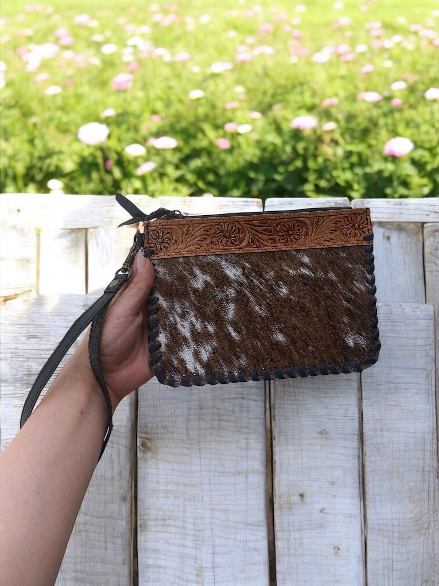 Tooled Leather & Cowhide Wristlet