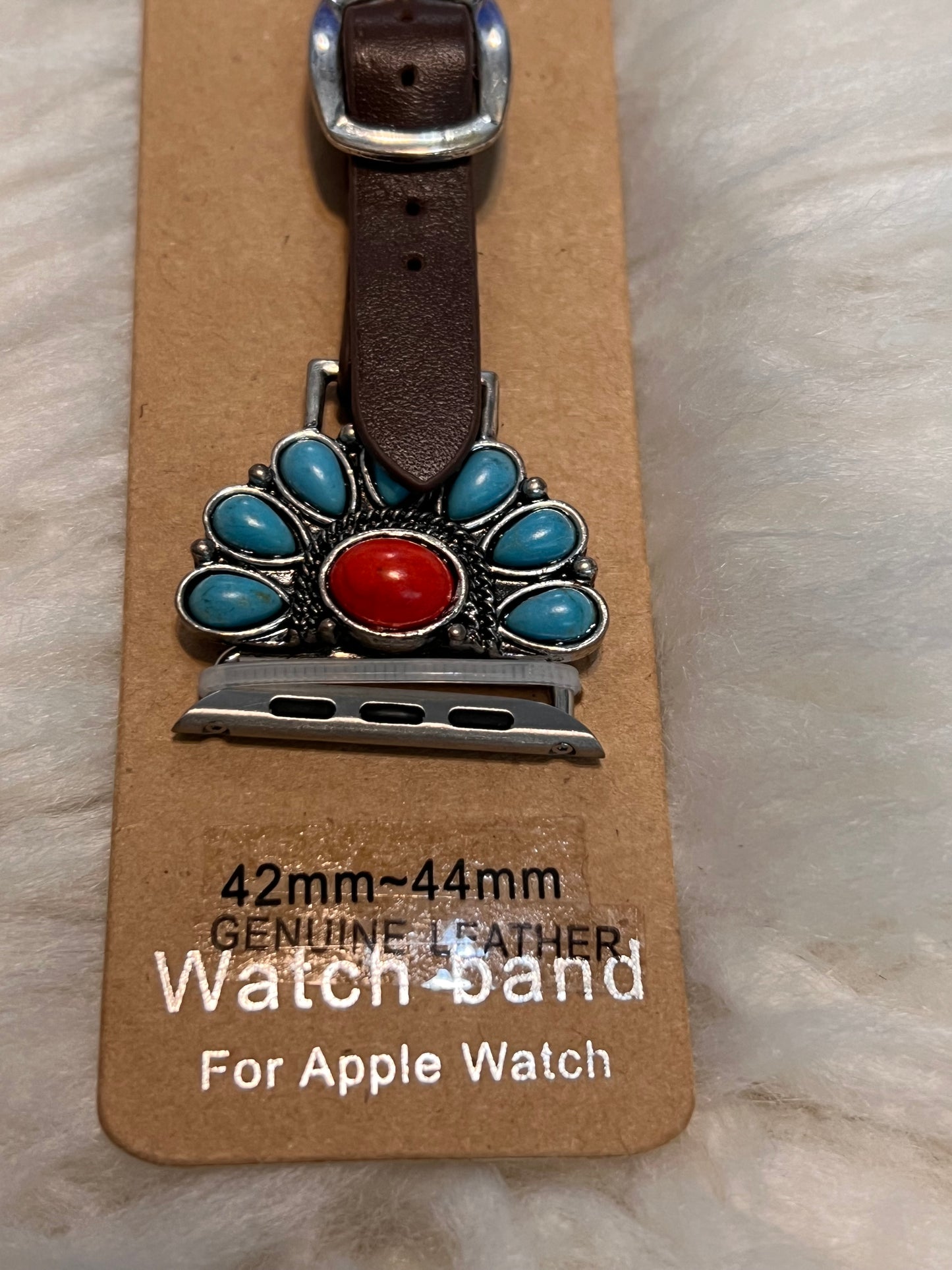 Turquoise with Red Stone Half Concho Apple Watch Band - Brown strap