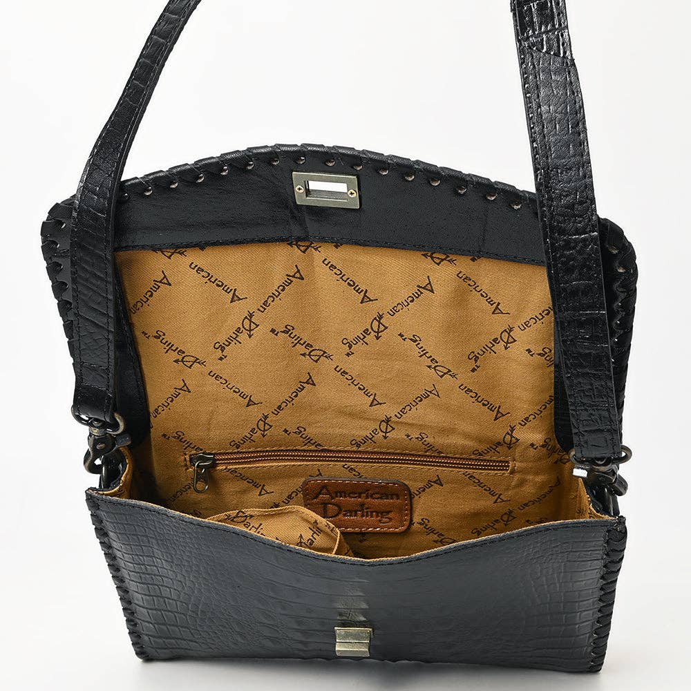 ADBG1526 Black Croc-Embossed Leather Crossbody Bag - Western Structured Flap Purse: ADBG1526