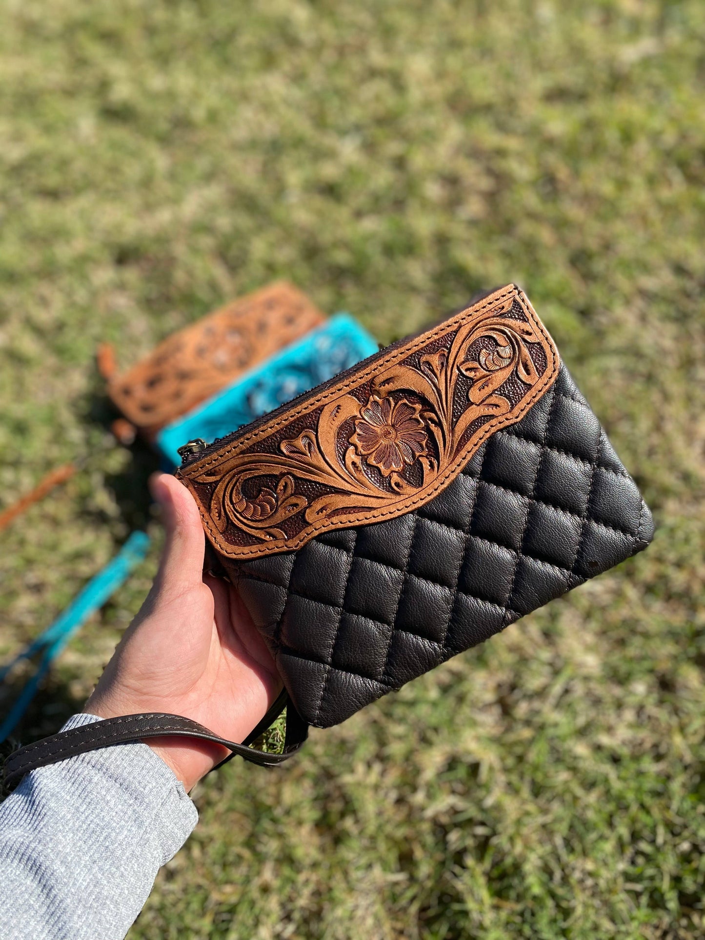 Tooled Leather Floral Wristlet Pouch : Dark Brown