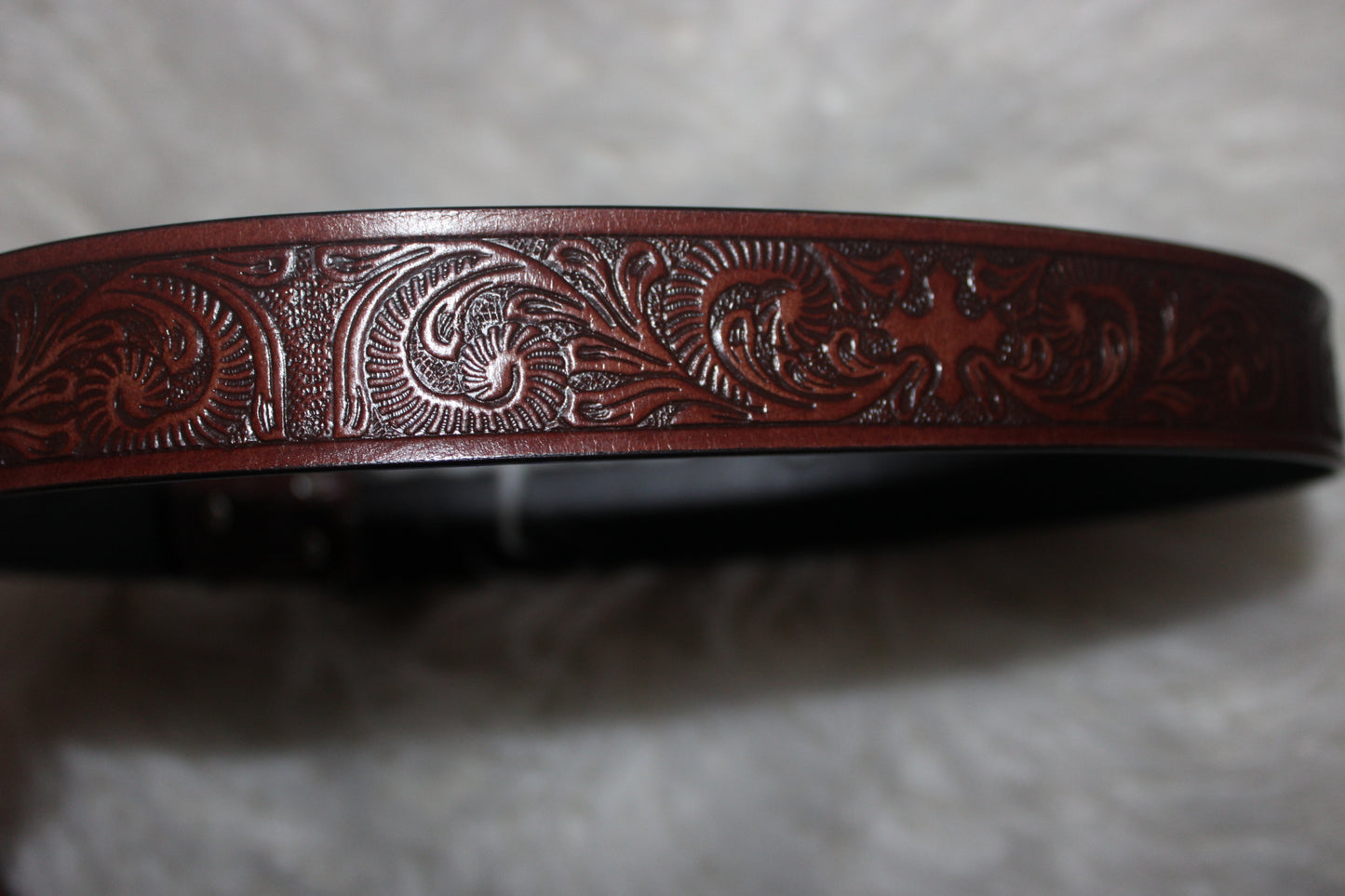 Hand Tooled Leather Belt with Silver Buckle - Dark Brown