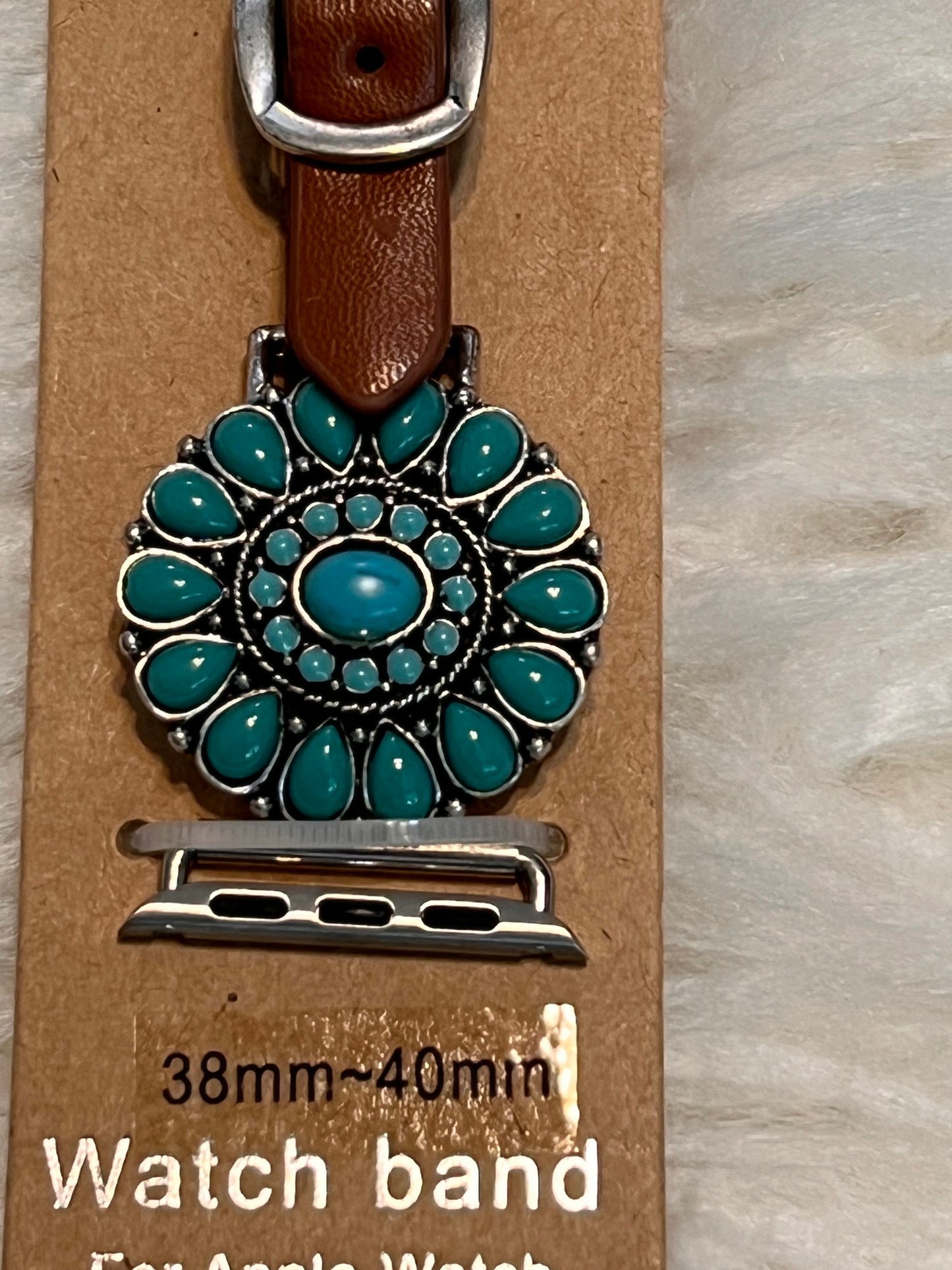 Round Turquoise Concho Apple Watch Band - Brown strap
