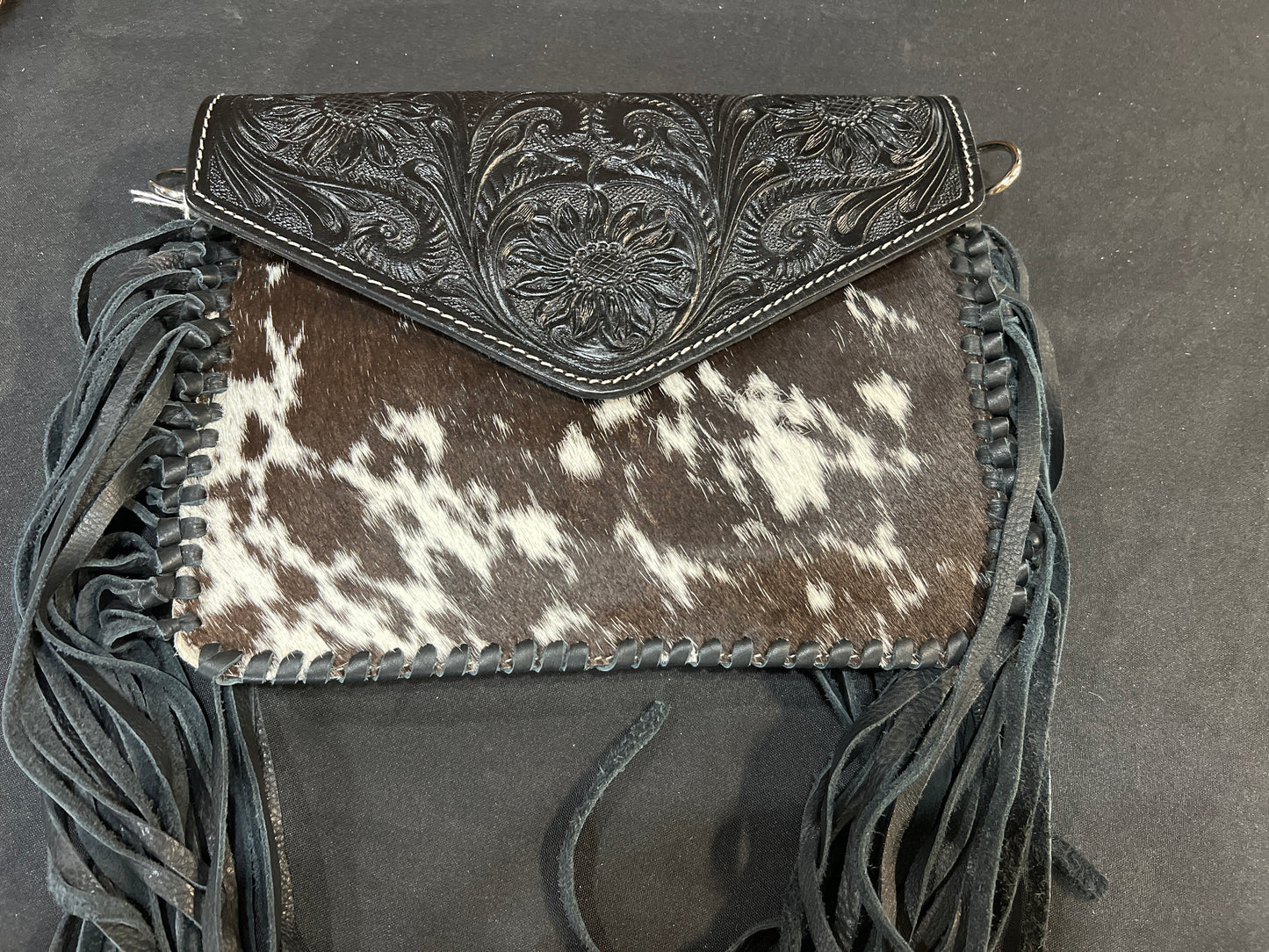 Cowhide Crossbody with Fringe - Black Leather 2