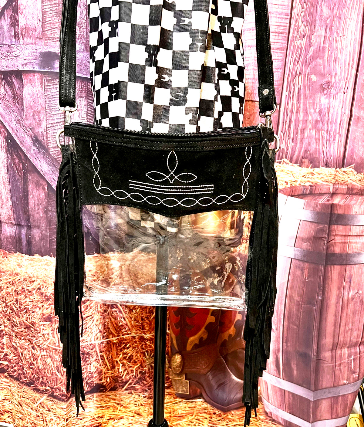 Clear Crossbody Bag with Genuine Leather - Black Boot-stitch and Fringe