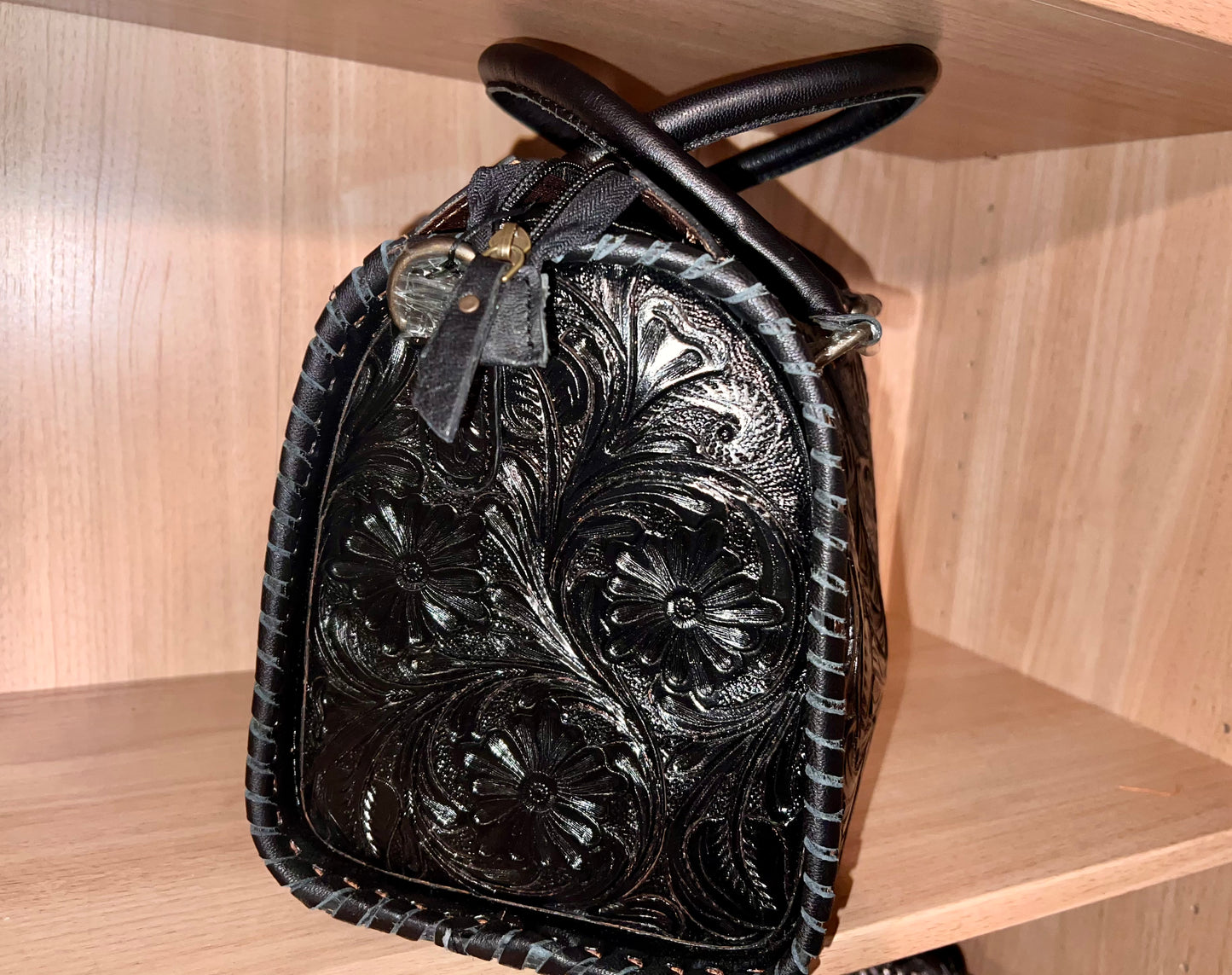BLACK FLORAL TOOLED LEATHER SPEEDY DUFFLE BAG MEDIUM