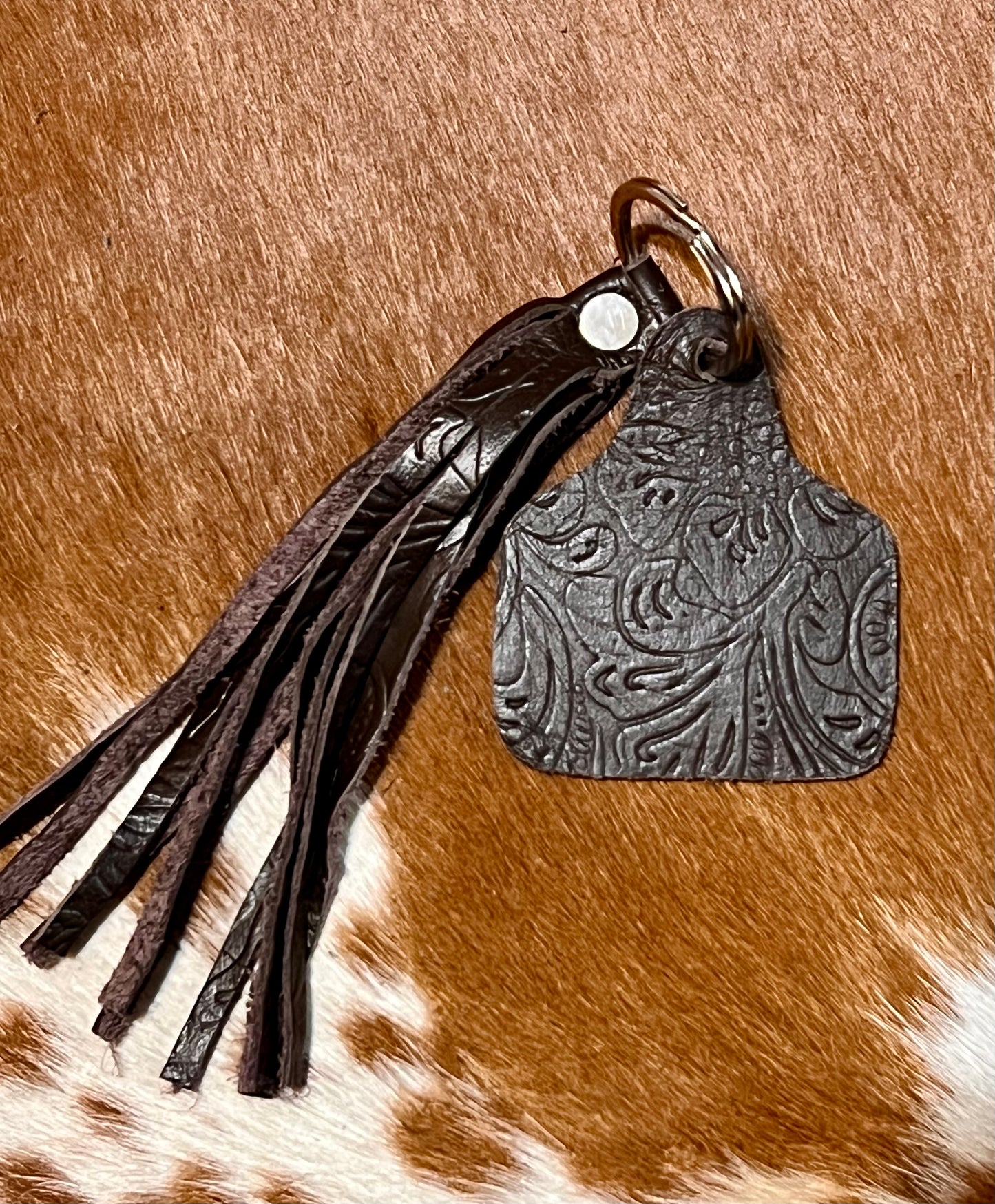 Tooled Leather Cattle Tag Keychain - Chocolate