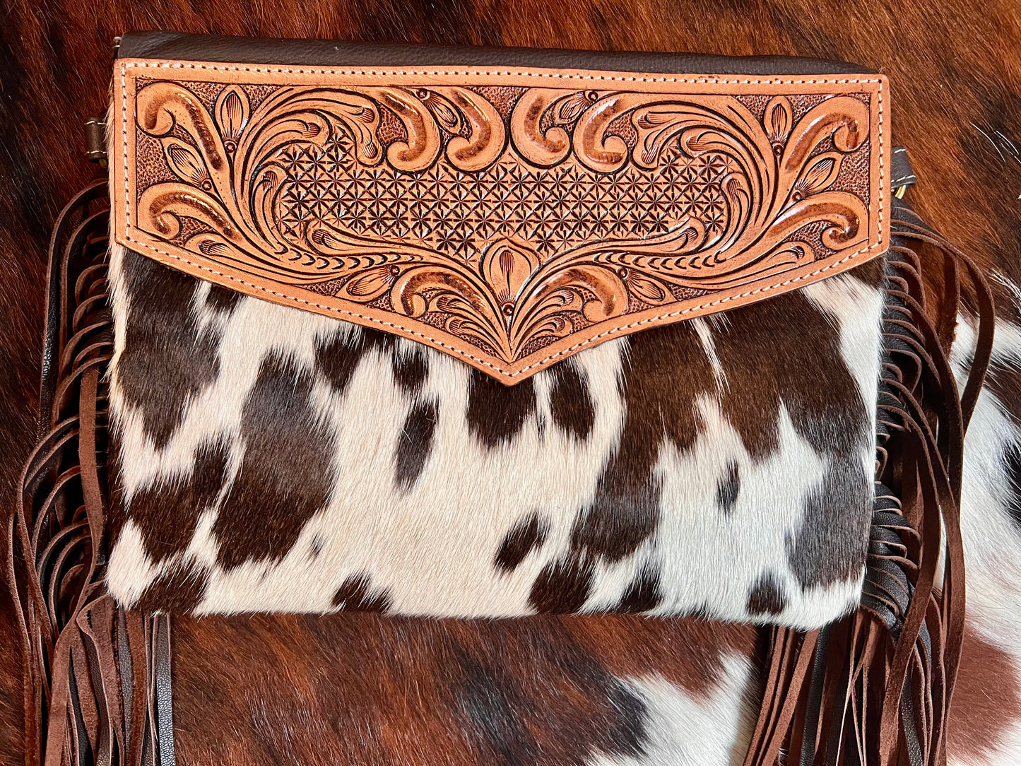 Cowhide Crossbody with Fringe - Brown Tooled Leather 2