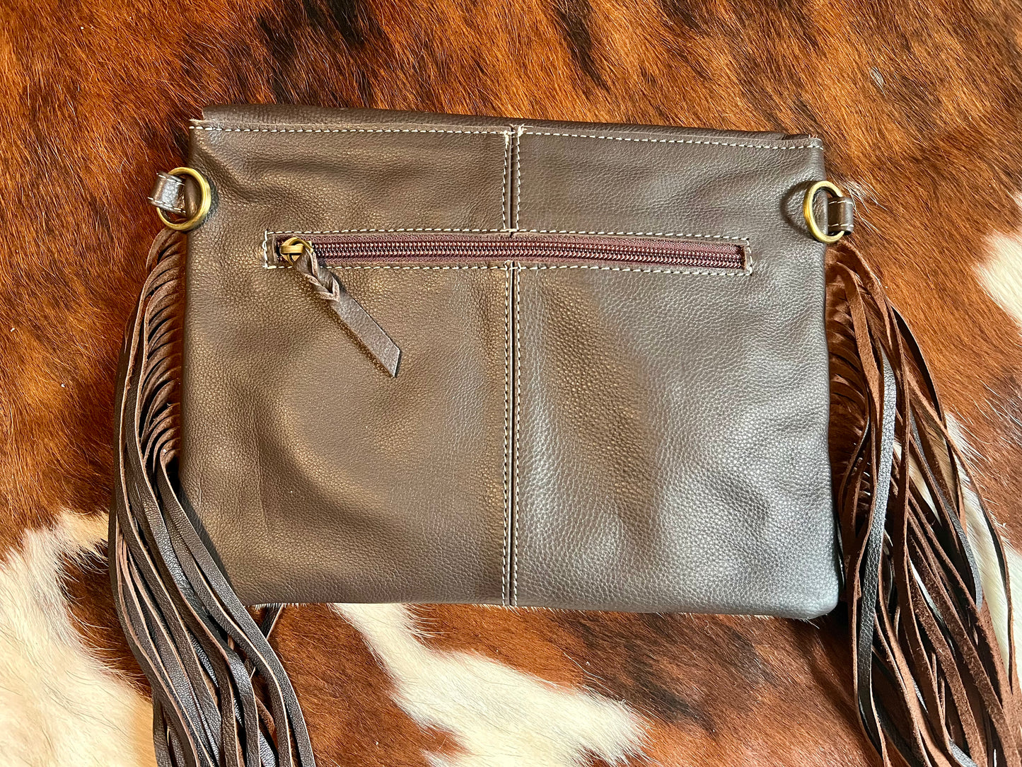 Cowhide Crossbody with Fringe - Brown Tooled Leather 1
