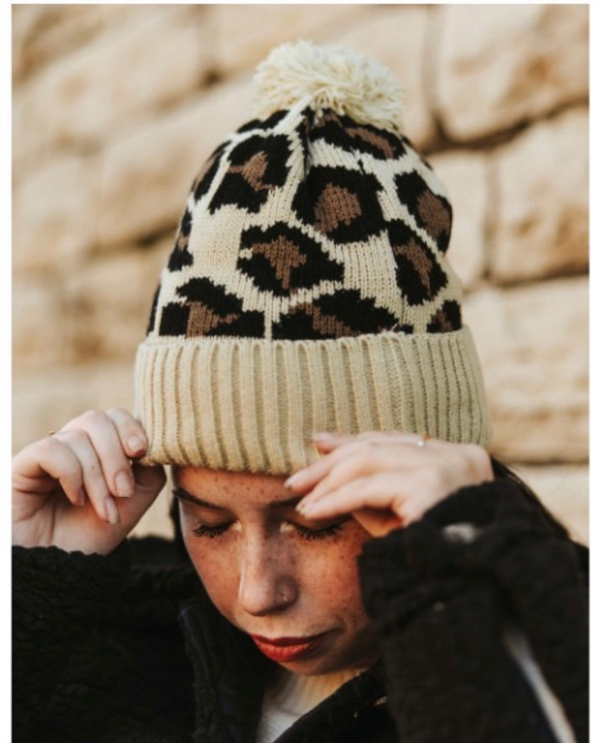 Cream Leopard Fleece Lined Knit Pom Beanie