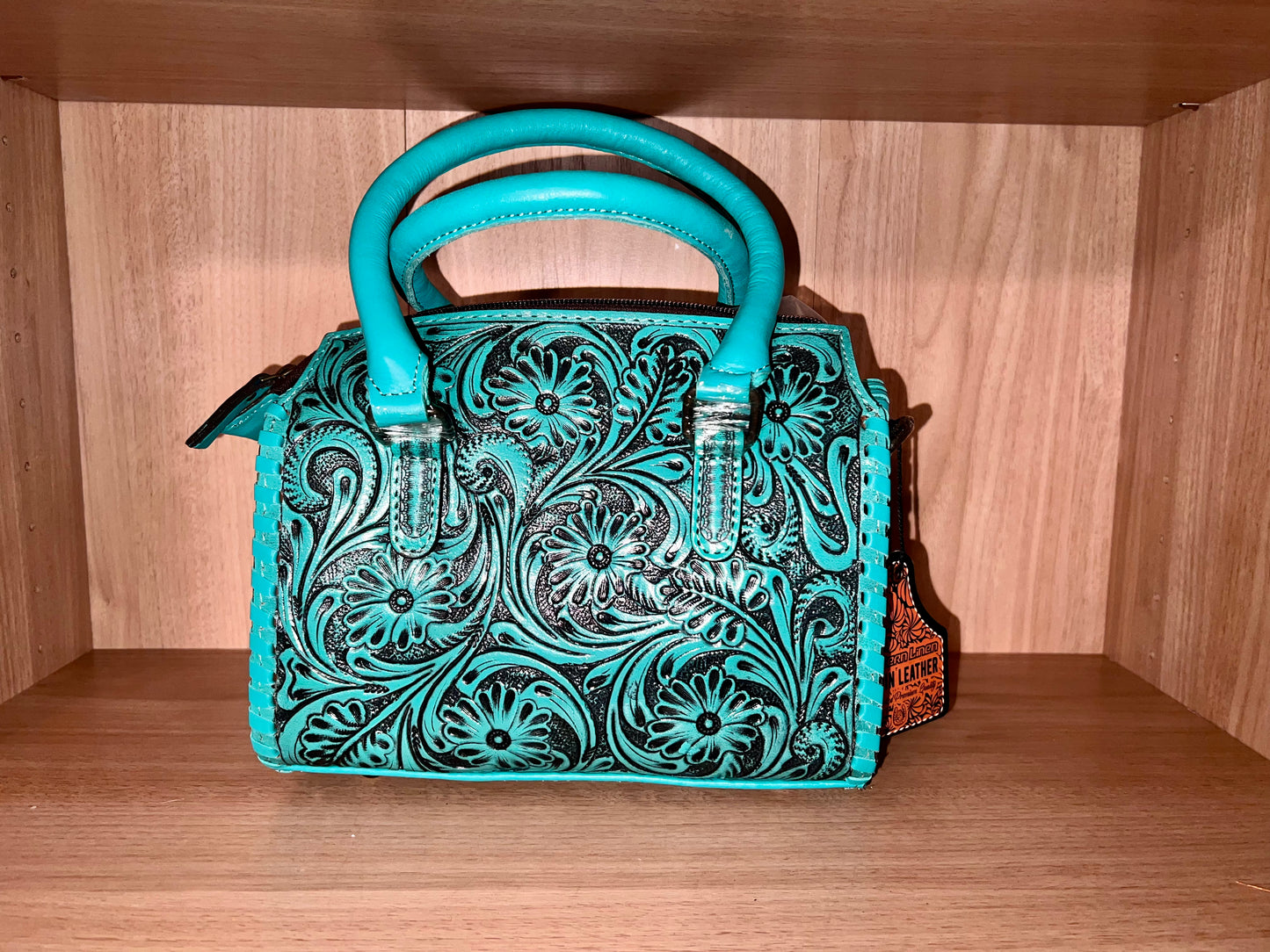 TURQUOISE FLORAL TOOLED LEATHER SPEEDY DUFFLE BAG SMALL