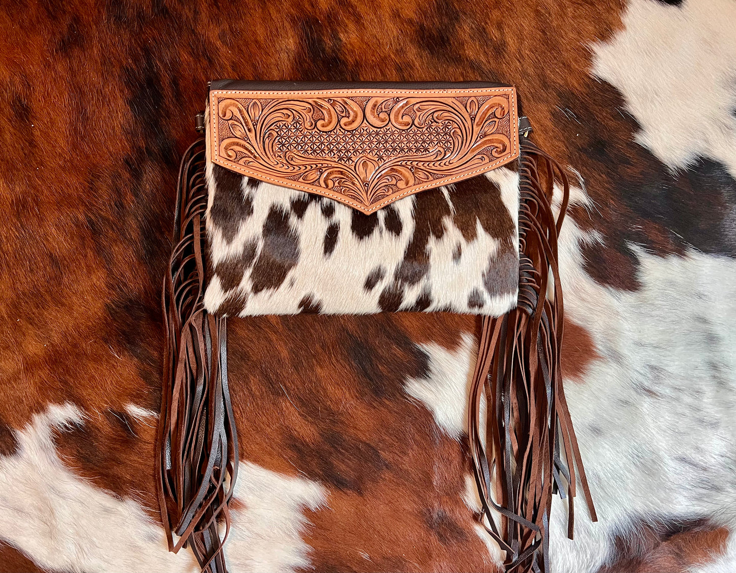 Cowhide Crossbody with Fringe - Brown Tooled Leather 2