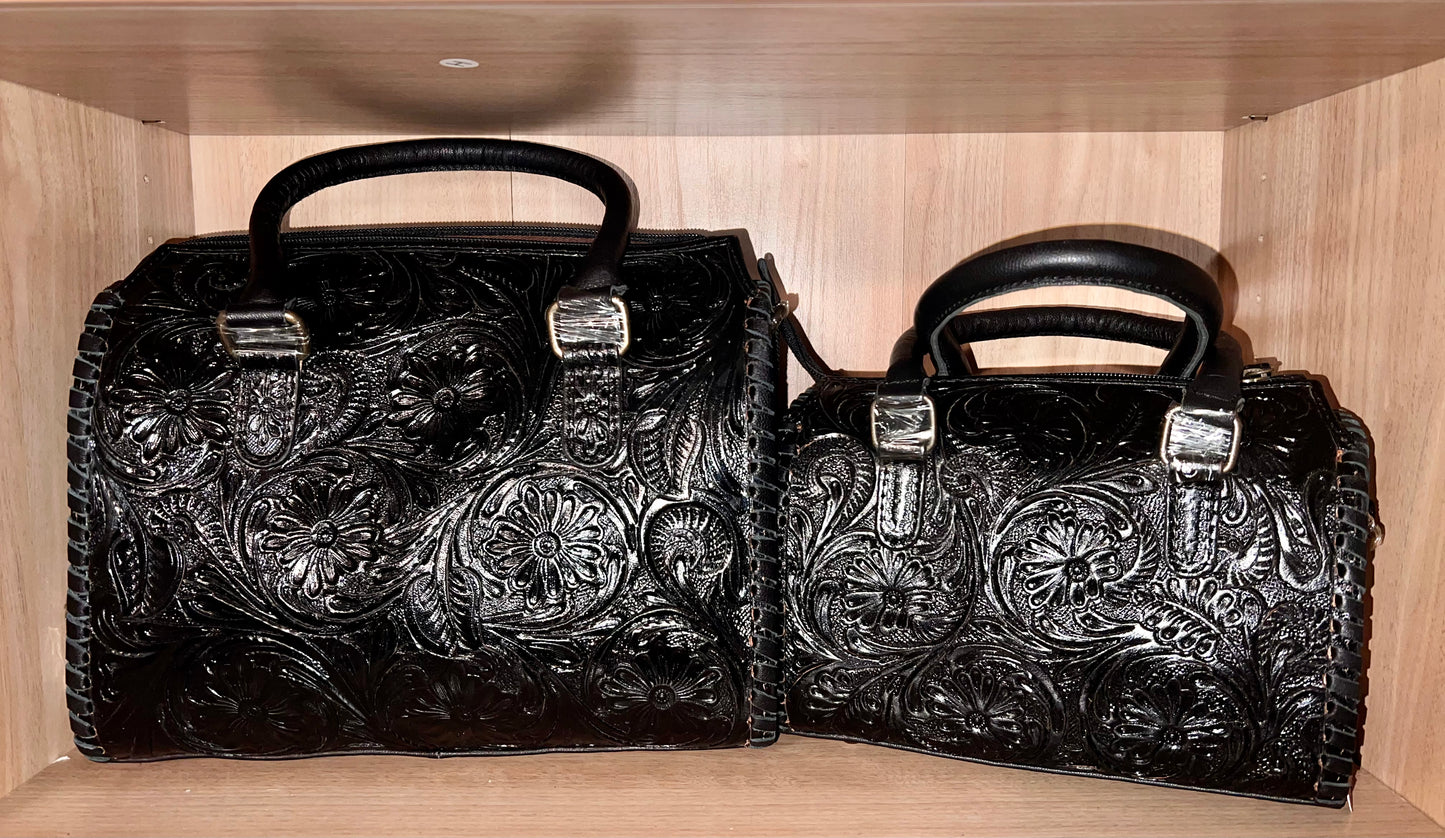BLACK FLORAL TOOLED LEATHER SPEEDY DUFFLE BAG SMALL